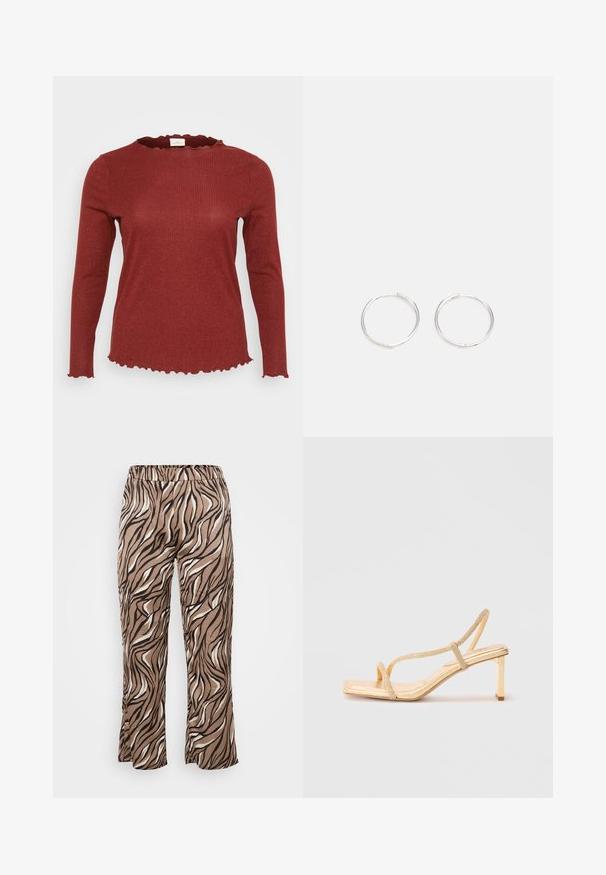 Piros bordázott, hosszú ujjú top hullámos, fodros nyakkivágással és szegéllyel, puha textúrával és finom csillogó részletekkel.; Barna és krémszínű zebra-mintás nadrág, rugalmas derékkal, széles lábbetétekkel és sima szövettextúrával.; Arany színű, pántos magassarkú szandál, díszített pántokkal, négyzetes orral és vékony blokkével a stabilitás érdekében.; Ezüst karika fülbevalók, letisztult, kerek formával, sima felülettel és látható díszítés nélkül. A átmérő nem megadott.