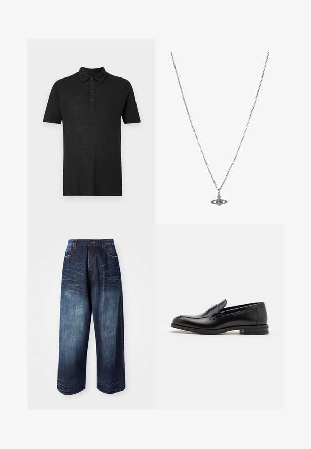 120% Lino SHORT SLEEVES - Polo krekls - black solid; Tumši zili džinsi ar plašām kājām ir ar augstu jostasvietu, kontrastējošiem diegiem, priekšējām kabatām un gludu tekstūru ar nelielu izbalēšanu.; Melnas ādas kurpes ar gludu tekstūru, noapaļu purngalu un dekoratīvu siksniņu pāri priekšpusei. Zems sakrauts papēdis, minimālisma dizains.; Sudraba ķēdes kaklarota ar detalizētu piekariņu, kas veidots planētas formā, kas rotāta ar maziem akcentiem un sarežģītiem rakstiem.