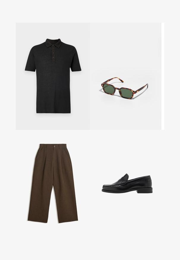 120% Lino SHORT SLEEVES - Polo shirt - black solid; Brown pleated trousers with a wide-leg design, featuring a button closure and side pockets, made of textured fabric suitable for casual wear.; Black leather loafers with a smooth finish, stitched detailing on the toe, and a low heel design for comfort and style.; Tortoiseshell sunglasses with green lenses, featuring an octagonal shape and slim, curved arms. Material has a glossy finish.