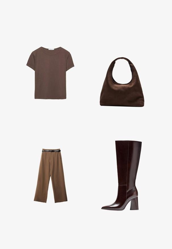 Ruskea lyhythihainen T-paita, joka on valmistettu pehmeästä kankaasta. Paitassa on pyöreä pääntie ja rento istuvuus, suora helma ja ei näkyviä kuvioita.; Ruskeat leveät housut, joissa on sileä pinta, musta vyö, kaksi etutaskua ja muotoiltu malli.; Korkean varren ruskeat nahkasaappaat, joissa on terävä kärki ja teksturoitu jalkapohja. Ominaisuuksiin kuuluu selkeä muotoilu ja vähäiset ompeleet.; Pehmeä ruskea hobo-tyylinen käsilaukku, jossa on yksi leveä olkahihna ja kaareva yläosan aukko, esitelty valkoista taustaa vasten.