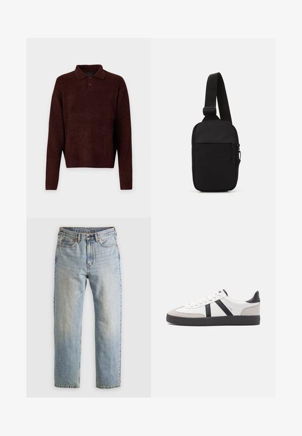 Bruin gebreid pullover met een polo kraag, drie knopen bij de hals en lange mouwen. Zachte textuur, geribde manchetten en zoom.; Lichtblauwe denim jeans met hoge taille, frontknop, rits en vijfzakkenontwerp, plat gelegd op een neutrale achtergrond.; Witte sneaker met zwarte en grijze accenten, voorzien van een grijze neus met textuur, zwarte rubberen zool en platte witte veters. Schoon ontwerp, minimalistische stijl.; Zwarte schoudertas gemaakt van duurzaam stof, met een enkele verstelbare schouderband, een gepartitioneerd hoofdcompartiment met rits en een voorvak.