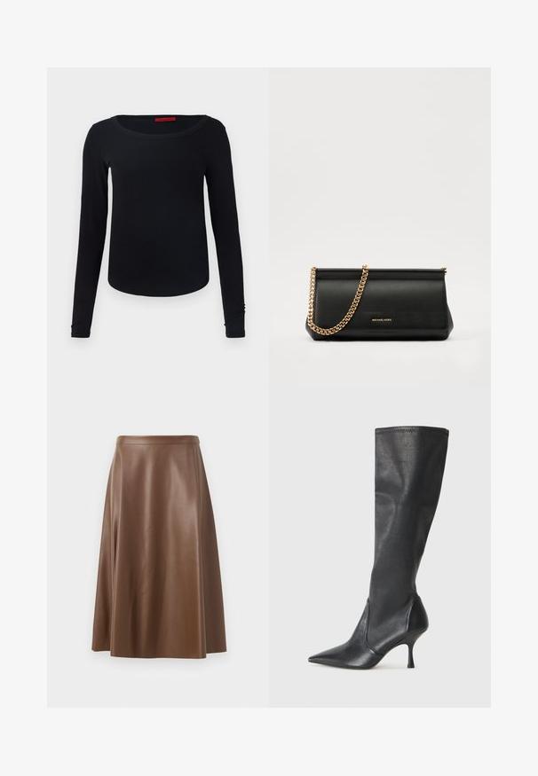 Crna majica dugih rukava s okruglim izrezom, mekog materijala i prilagođenog kroja. Karakterizira je jednostavan dizajn bez uzoraka ili naglasaka.; Smeđi kožni A-linijski suknja glatke teksture i srednje dužine. Ima prilagođenu struk i lagano se širi s bokova.; Čizme od crne kože visine do koljena s šiljastim nosom i uskim stiletto potpeticama. Glatka tekstura s tijesnim dizajnom i šavovima na gornjoj ivici.; Crna kožna torbica sa zlatnim lančićem, koja se odlikuje glatkom teksturom, pravokutnim oblikom i utisnutim brendom na prednjoj strani.