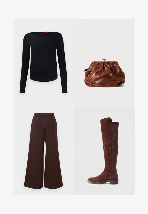 Crna majica dugih rukava s okruglim izrezom, mekog materijala i prilagođenog kroja. Karakterizira je jednostavan dizajn bez uzoraka ili naglasaka.; Smeđe hlače širokih nogavica visokog struka s dugmetom i zatvaračem, petljama za remen i prednjim nabranim detaljima.; Visoke smeđe semiš i tekstil čizme s niskim crnim potplatom i zaobljenim vrhom, prikazane u bočnom pogledu na jednostavnoj bijeloj pozadini.; Smeđa kožna torbica s zlatnim okvirom i kratkom zlatnom lancem, koja se odlikuje mekanom, naboranom teksturom na bijeloj pozadini.