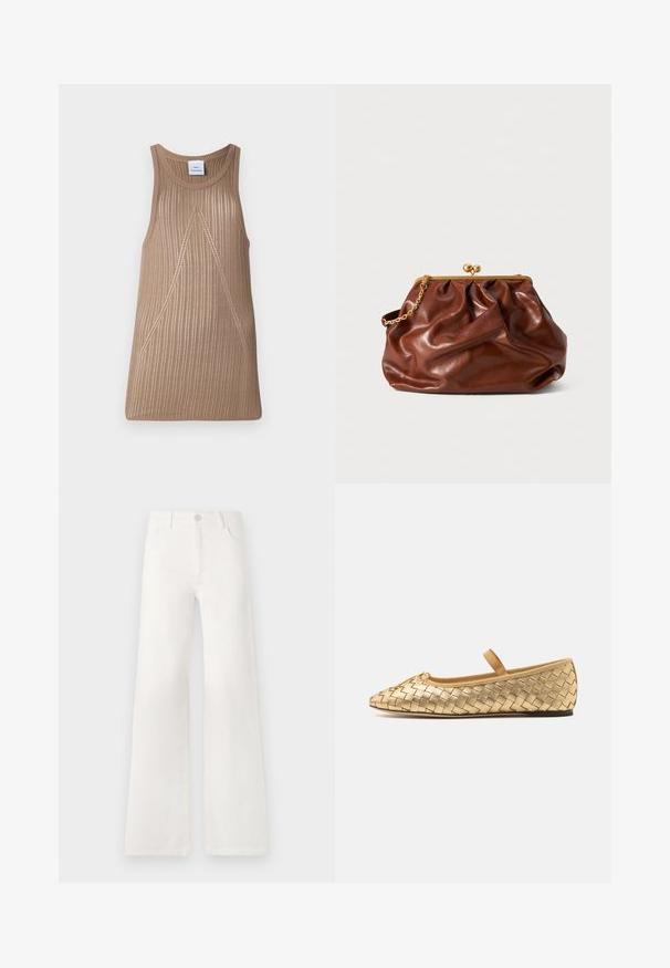 V krémszínű, ujjatlan kötött felső, bordázott textúrával, A-vonalú fazonnal és finom átlós varrási részletekkel.; Fehér, magas derekú, bő szabású farmernadrág. Gombos záródással, két elülső zsebbel és oldalsó varrásokkal rendelkezik, amelyek varrási részleteket tartalmaznak.; Loeffler Randall LEONIE SOFT BALLET FLAT - Bokapántos balerina cipők - gold; Barna bőr klutcs táska arany csattal és rövid arany lánckarral, puha, összegyűrt textúrával, fehér háttér előtt.