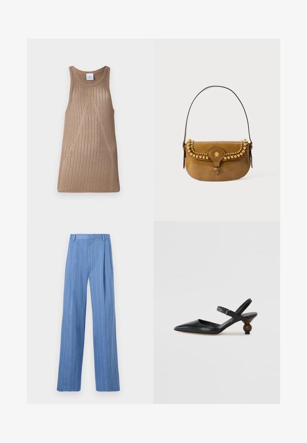 Bež, ilma varrukateta kudum, ribitud tekstuuriga, A-line kujuga ja delikaatsete diagonaallõike detailidega.; Heledad sinine laia jalgadega püksid, millel on vertikaalsed valged triibud. Valmistatud siledast materjalist, esiplekiga ja puhta vöökoht disainiga.; Must musta slingback kingad terava varba, kõverdisainiga ja ümar puidust sarnane konts. Omab kitsast pahkluu rihma.; Pruuni nahast käekott, millel on kõver kuju, kuldsete nupukestega kaunistatud ülaosa, lühike rihm ja klamber.