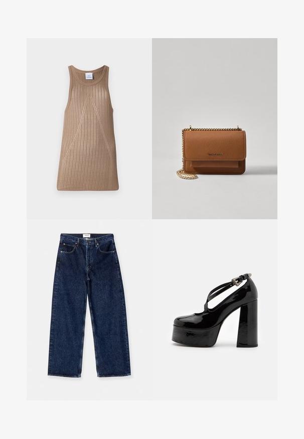 Top in maglia senza maniche beige con texture a coste, con una forma ad A e sottili dettagli in cucitura diagonale.; Jeans ampi in denim blu scuro con vita alta, tasche frontali e una texture liscia con sottili dettagli di cucitura.; The Kooples CHAUSSURES - Decolleté - black; Borsa a tracolla in pelle marrone con texture, dotata di catena dorata e chiusura a pattina. Sul davanti presenta un dettaglio con logo e una tasca sotto la pattina.