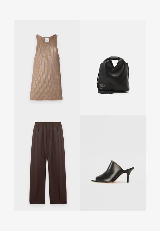 Beige, sleeveless knit top with a ribbed texture, featuring an A-line shape and subtle diagonal stitching details.; Brown wide-leg trousers with elastic waistband and subtle front pleats, displayed flat against a white background.; Black leather open-toe mule with a sleek, curved design, high stiletto heel, and smooth texture. The interior features a contrasting light color.; Black, soft leather bag with a unique twisted design. Features a short handle and a detachable shoulder strap. Minimalist style.