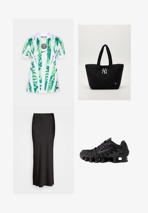 Tricou de fotbal alb cu un model de frunze de palmier verzi, guler rotund, mâneci scurte, logo Nike și emblema Federației Nigeriene de Fotbal.; Fustă lungă, din satin negru, cu o textură netedă, talie ajustată și siluetă în A, fără broderii sau modele vizibile.; Pantofii sport negri cu partea superioară din plasă și suprapuneri lucioase. Caracteristici de amortizare cu bobine curbate și linii texturate pe lateral. Logo-ul Nike este vizibil.; Geantă tote quilted neagră cu mânere duble, având un logo alb al echipei New York Yankees și un mic emblemă a brandului pe lateral.