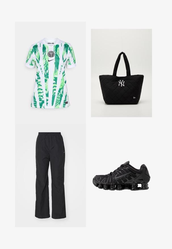 Biała koszulka piłkarska z zielonym wzorem liści palmowych, okrągły dekolt, krótkie rękawy, logo Nike oraz herb Nigeryjskiej Federacji Piłkarskiej.; Czarne, lekkie spodnie z elastycznym paskiem w talii i sznurkiem. Posiadają fakturowane wykończenie oraz małe, odblaskowe logo po boku.; Czarne buty sportowe z siateczkową cholewką i połyskującymi detalami. Posiadają wyprofilowane poduszki pod nogami i teksturowane linie po boku. Widoczna logo Nike.; Kwiatowa czarna torba na ramię z podwójnymi uchwytami, z białym logo New York Yankees i małym emblematem marki z boku.