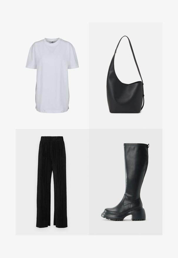 Valge lühikeste varrukatega T-särk, mis on valmistatud puuvillast, ümmarguse kaelusega ja mugava lõikega, ilma nähtavate mustrite või graafikateta.; Mustad pleekitud püksid elastse vöökohtaga. Omavad laiad jalad ja sujuvat, tekstureeritud kangast vertikaalsete triipudega.; Kõrge must nahksaapad, millel on massiivne platvormi tald ja blokk-kand, varustatud tõmbenööriga ja tekstuuriga väljatõmbejääk.; Mustast nahast hobo kott, millel on sile tekstuur, kumer kuju ja üks reguleeritav rihm; peal on lai avaus.