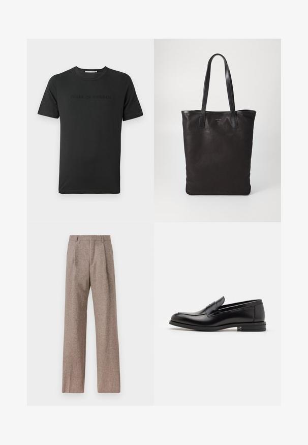 Čierne bavlnené tričko s krátkymi rukávmi, na prednej strane s tonálnym embosovaným logom "TIGER OF SWEDEN". Klasický okrúhly výstrih.; Hnedé, vysoké nohavice vyrobené z texturovanej látky. Majú široké nohavice a dva predné záhyby pre štruktúru. Úhľadné spracovanie bez viditeľného kovania.; Čierne kožené mokasíny s hladkou textúrou, zaoblenou špičkou a dekoračným pásikom cez priehlavok. Nízky vrstvený opätok, minimalistický dizajn.; Čierna plátená taška s čiernymi koženými ušami. Jednoduchý dizajn, priestranné telo a hladká textúra. Žiadne viditeľné logo ani vzory.