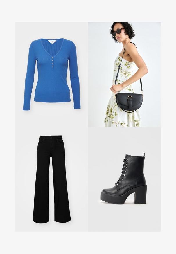 Top de manga longa azul com nervuras e decote em V, apresentando uma faixa de botões e um detalhe de logótipo discreto, confeccionado em material de algodão suave.; Calças largas pretas em denim, com uma cintura estruturada, passantes para cinto e bolsos frontais. Textura suave com um design clássico.; Botim de pele preta até ao tornozelo com um salto bloco chunky, frente com atacadores e superfície texturizada. Apresenta uma lingueta na parte de trás para um uso fácil.; Bolsa de couro preta com forma curva, alça destacável e detalhes em dourado. A bolsa possui uma aba com detalhe de fivela.