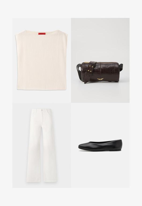 Kremasti top izrađen od rebraste tkanine, s širokim izrezom i neurednim oblikom. Oznaka šivana u crvenoj boji na vratu.; Bijele, visokotalasne široke traperice. Imaju kopčanje na dugme, dva prednja džepa i bočne šavove s detaljima šivanja.; Paul Smith TOPANGA - Balerinke - black; Smeđa torba od kože s embosiranim krokodilskim uzorkom, cilindričnog oblika, zlatne hardverske detalje i odvojivu naramenicu sa čavlima.