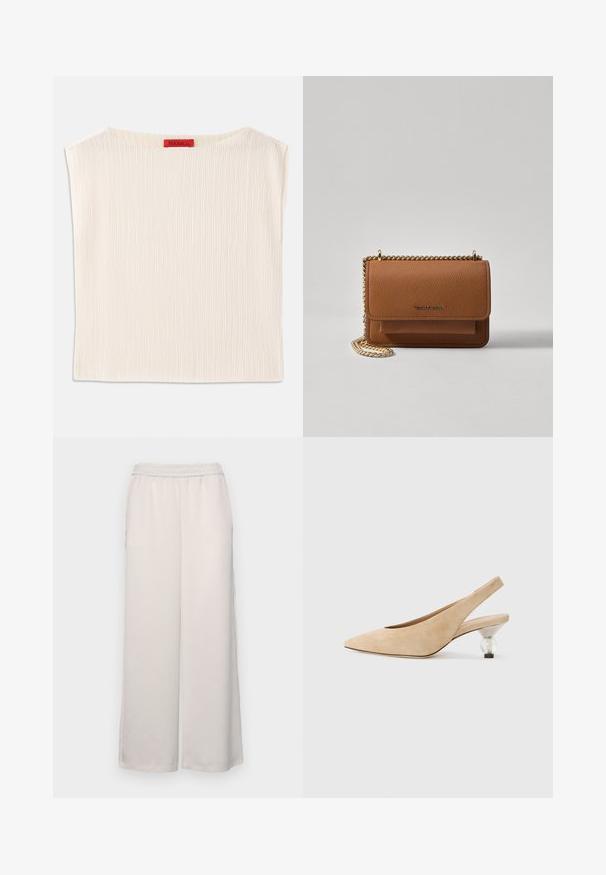 Krämfärgad topp i ribbat tyg med vid halsringning och en ospecificerad form. Etikett sydd i röd färg vid nacken.; Ljusbeiga vida byxor med elastisk midja. Slät tyg, hel längd, inga synliga dekorationer eller mönster.; Beige mockasinsko slingback-sko med spetsig tå och en transparent, rund klack. Slät yta och minimalistisk design.; Brun texturerad läder crossbody-väska med guldkedja och klaffstängning. Framsidan har logotypdetalj och en ficka under klaffen.