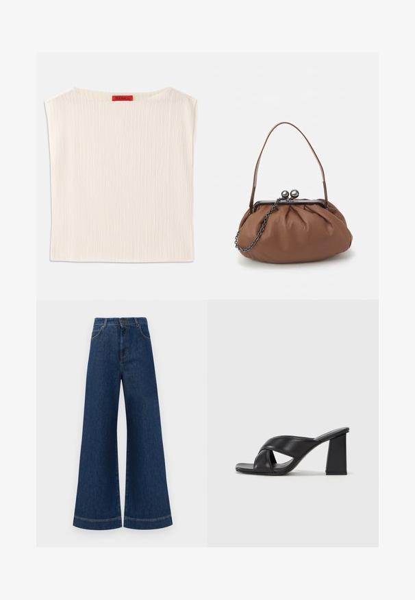 Kreemi värvi top, mis on valmistatud ribakangas, laia kaelusega ja struktuurita kujuga. Sildi valge õmblusega kaela juures.; Siniset farkut leveällä lahkeella ja korkealla vyötäröllä, jossa on nappikiinnitys, vyölenkit sekä huomaamattomat tikkaus yksityiskohdat taskuissa ja lahkeissa.; MAX&Co. SOHO - Korolliset sandaalit - schwarz; Ruskea nahkakäsilaukku, jossa on rypytetty muotoilu, lyhyt nahkahandling ja ketjuhihna. Varustettu hopeisella metallisoljella, jossa on kaksi pyöreää yksityiskohtaa.