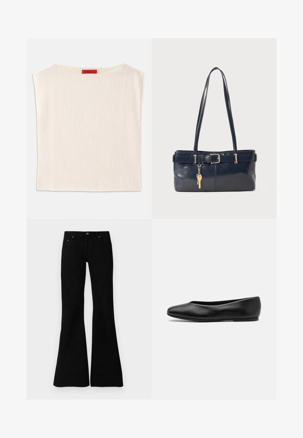 Cream-colored top made from ribbed fabric, featuring a wide neckline and an unstructured shape. Label stitched in red at the neck.; Black flared jeans made from denim, featuring a classic five-pocket design, button closure, and subtle stitching details along the seams.; Paul Smith TOPANGA - Ballet pumps - black; Navy leather handbag with two long handles, a buckle detail, and a keychain attached. Features a smooth texture and a rectangular shape.