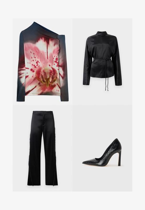 Bluză cu mânecă lungă și decolteu asimetric, cu un imprimeu floral roz și alb pe un fundal gradient închis. Fabricată dintr-un material elastic.; Cămașă lungă cu mânecă lungă din satin negru, cu guler înalt, talie strânsă și detaliu cu șnur reglabil. Textură netedă cu un finisaj elegant.; Pantaloni negri din satin, cu picioare largi, având detalii cu franjuri de-a lungul cusăturilor laterale și o talie plată în față. Spatele este simplu, fără buzunare.; Pantofii cu toc înalt, ascuțiți, de culoare neagră, cu textură de piele de crocodil, având un design elegant, toc în stil stiletto și interior neted de culoare neagră.