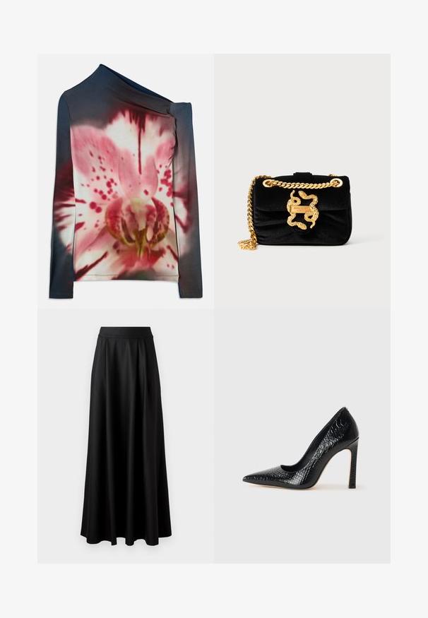 Pitkähihainen paita epäsymmetrisellä kaula-aukolla, jossa on vaaleanpunaisia ja valkoisia kukkakuvioita tummassa gradienttaustassa. Valmistettu joustavasta kankaasta.; Mustat, lattiapituinen hame, jossa on sileä pinta, leveä vyötäröosa ja plissoitu muotoilu, ilman näkyviä kuvioita tai koristeita.; Musta kapea nilkkakorkokenkä krokotiilin nahkakuviolla, joka on varustettu tyylikkäällä muotoilulla, korkealla stiletto-korkealla ja sileällä mustalla sisäosalla.; Mustikkasatinista valmistettu käsilaukku, jossa on kullanvärinen käärmeeseen muotoiltu solki ja ketjuhihna; siinä on pehmeä, teksturoitu pinta ja taitettava läppä.