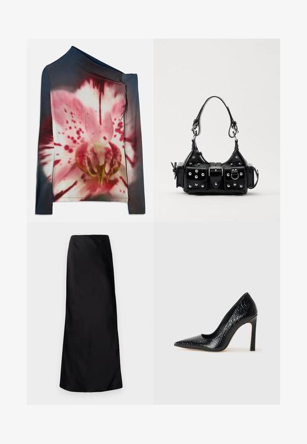 Ilga rankovė su asimetriniu iškirpimu, puošta rožine ir balta gėlių raštu tamsiame gradientiniame fone. Pagaminta iš elastingos medžiagos.; Norma Kamali BIAS OBIE SKIRT - Maksi sijonas - black; Juoda smailiakulnė aukšto kulno bateliai su krokodilo odos tekstūra, pasižymintys elegantišku dizainu, aukštu stiletu kulnu ir lygia juoda vidine dalimi.; Juodas odinis rankinukas su kreiviu dizainu, su sidabro spalvos knopkėmis, užsegimu ir dviem šoninėmis kišenėmis. Reguliuojama dirželis nešimui.
