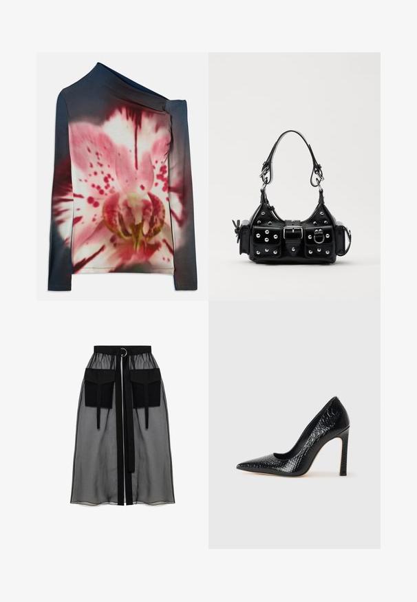 Pitkähihainen paita epäsymmetrisellä kaula-aukolla, jossa on vaaleanpunaisia ja valkoisia kukkakuvioita tummassa gradienttaustassa. Valmistettu joustavasta kankaasta.; Musta läpinäkyvä hame, jossa on kerätty vyötärö, kaksi suurta etutaskua, vyönauha ja pyöreä metallikoriste.; Musta kapea nilkkakorkokenkä krokotiilin nahkakuviolla, joka on varustettu tyylikkäällä muotoilulla, korkealla stiletto-korkealla ja sileällä mustalla sisäosalla.; Musta nahkainen käsilaukku, jossa on kaareva muotoilu, hopeiset niitit, solki ja kaksi sivutaskua. Säädettävä olkahihna erilaisiin kantovaihtoehtoihin.