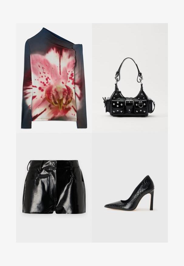 Bluzka z długim rękawem z asymetrycznym dekoltem, z różowo-białym wzorem kwiatowym na ciemnym gradientowym tle. Wykonana z elastycznej tkaniny.; Czarne, błyszczące spodenki wykonane z materiału syntetycznego. Posiadają dopasowaną talię, szlufki na pasek oraz przednie kieszenie z wyraźnymi detalami stębnowania.; Czarne szpilki z ostrym noskiem, pokryte teksturą skóry krokodyla, charakteryzujące się eleganckim wzornictwem, wysokim obcasem w stylu stiletto oraz gładkim czarnym wnętrzem.; Czarna skórzana torebka w zakrzywionym kształcie, z srebrnymi ćwiekami, klamrą i dwoma bocznymi kieszeniami. Regulowany pasek umożliwiający różne opcje noszenia.