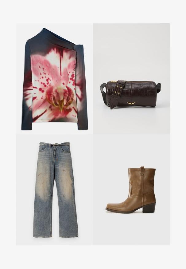 Pikad varrukad ja asümmeetrilise kaelusekujundusega põll, millel on tumeda gradienttausta peal roosa ja valge lillemuster. Valmistatud elastsemast kangast.; Heledad sinine teksapüksid, millel on lõdva ja sirge jala disain. Omab venitamist, pleekimist ja kulunud detaile põlvede lähedal. Klassikaline viie tasku stiil.; Pruun nahkne ankle boot ruudukujulise varbaga, tekstuuriga viimistluse ja madala virnastatud kontsaga. Sisaldab taga tõmbeaasat ja peeneid õmbluse detaile.; Pruunist krokodillimustrist nahast kott, millel on silindri kuju, kuldse tooni metalldetailid ja eemaldatav rihm, kus on nupud.