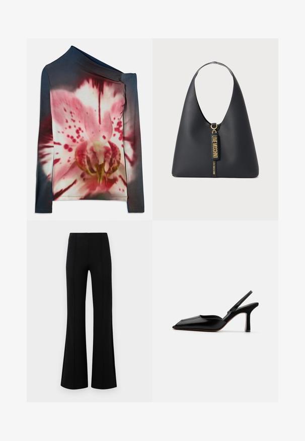 Ilga rankovė su asimetriniu iškirpimu, puošta rožine ir balta gėlių raštu tamsiame gradientiniame fone. Pagaminta iš elastingos medžiagos.; Juodos plačios kelnės su aukštu liemeniu, pagamintos iš tamprios medžiagos. Priekinėje dalyje yra vertikalūs siūlų akcentai ir lygus paviršius.; Juodas odinis slingback kulnas su smailiu nosiu, minimalizmo stilius, plonas kulkšnies dirželis ir elegantiškas stiletto kulnas. Lygus paviršius.; Juodas odinis petinis krepšys su plačiu dirželiu, auksinėmis detalėmis ir dviem kabančiomis etiketėmis, ant kurių išraižytomis auksinėmis raidėmis užrašyta "LOVE MOSCHINO".