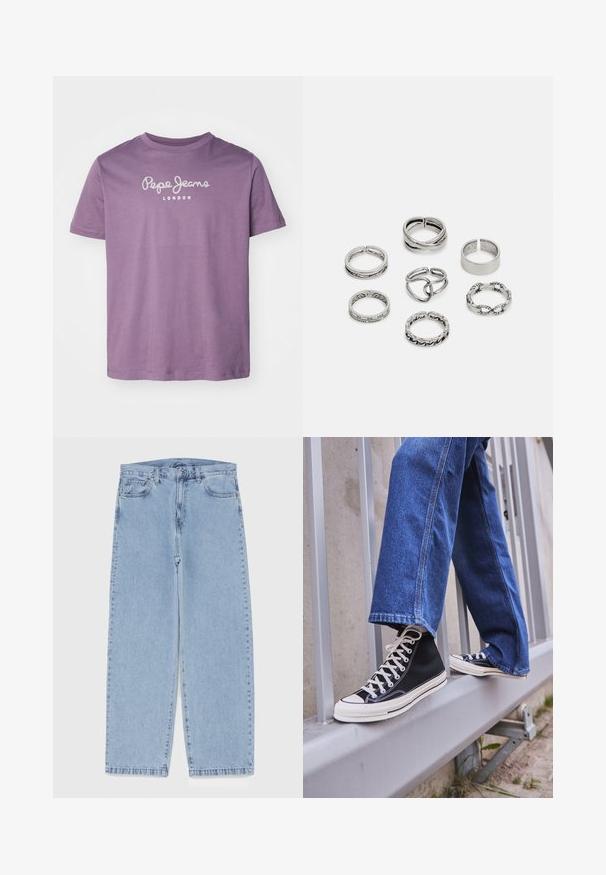 Fialové bavlněné tričko s krátkými rukávy, které má bílý nápis "Pepe Jeans" přes hruď a kulatý výstřih.; Světle modré džíny s rovnými nohavicemi, středním pasem, pěti kapsami a zapínáním na knoflík a zip.; Černé vysoké tenisky s bílou podrážkou a tkaničkami, v kombinaci s volnými modrými džíny, odpočívající na šedém zábradlí.; Sada sedmi stříbrných prstenů s různými vzory, včetně zamotaných, propletených a rytých motivů. Různé tvary a šířky.