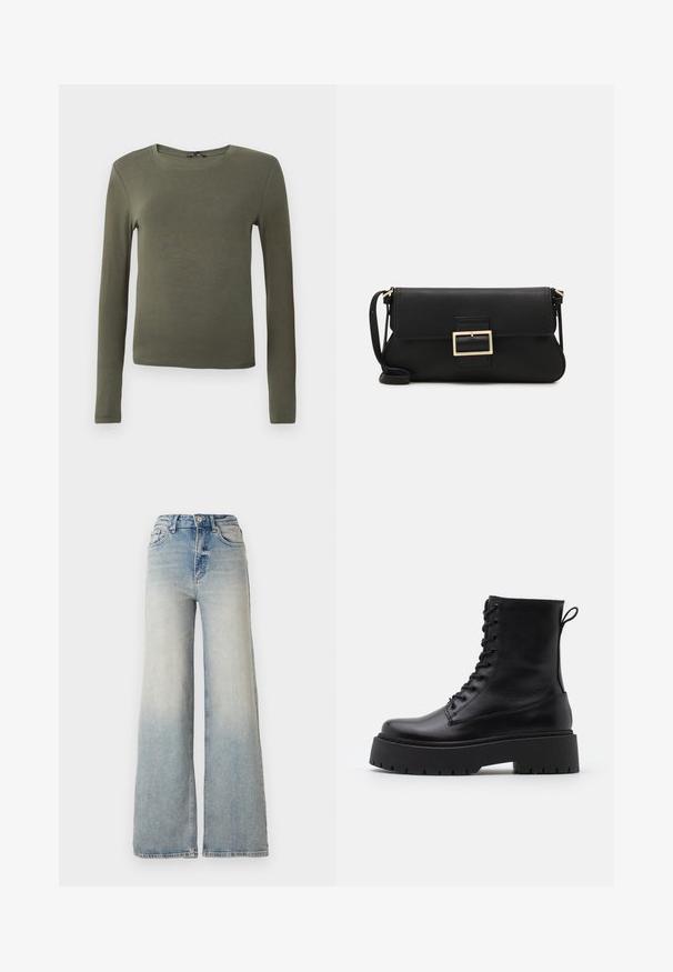 Langärmliges, olivgrünes Oberteil aus glattem Stoff, mit Rundhalsausschnitt und taillierter Passform, ohne Muster oder Akzente.; Hellblaue weit geschnittene Jeans aus Denim, mit hoher Taille, fünf Taschen und sichtbaren Nähten entlang der Säume.; Schwarze Lederstiefeletten mit runder Zehenpartie, Schnürung vorne und einer dicken Gummisohle mit strukturiertem Profil. Mit Zugschlaufe an der Rückseite.; Schwarze Leder-Clutch mit Klappe und goldfarbenem Metallschnallen-Detail. Enthält einen schwarzen Riemen und ein schlankes, minimalistisches Design.; Goldfarbene Ohrringe in Form von dünnen, runden Kreolen, mit einer glatten, metallischen Oberfläche und ohne Verzierungen oder Muster.