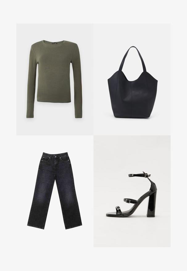 Maglietta a maniche lunghe verde oliva, realizzata in tessuto liscio, con scollatura tonda e design aderente, priva di motivi o decorazioni.; Jeans in denim neri a vita alta con un taglio a gamba larga, design a cinque tasche e cuciture visibili. Il tessuto ha una finitura liscia e leggermente tessurizzata.; Sandali con tacco in vernice nera, con punta squadrata, cinturini alla caviglia e fibbie in argento. Presentano un tacco a blocco spesso per maggiore stabilità.; Borsa tote nera realizzata in pelle liscia, con una parte superiore curva e aperta, dotata di due manici per spalla e un design minimalista.