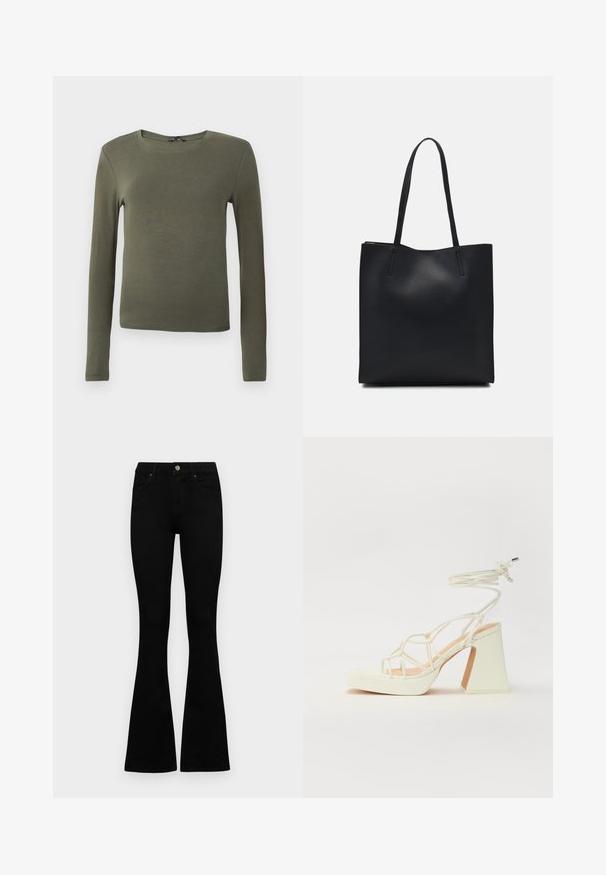 Camisola de manga longa verde-oliva, feita de um tecido suave, com decote redondo e um design ajustado, sem quaisquer padrões ou detalhes.; Jeans pretos de cintura alta com fecho de botão e zíper, bolsos frontais e pernas largas dispostos em cima de um fundo branco.; Sandálias brancas de salto alto com um salto robusto, apresentando um design com tiras e amarração no tornozelo. Textura suave com uma plataforma na frente para altura adicional.; Bolsa tote preta em couro com textura lisa, forma retangular e duas alças longas. Sem hardware ou enfeites visíveis.