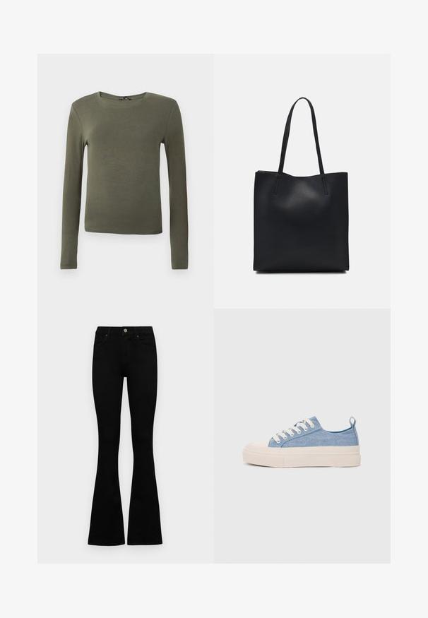 Ilga rankovėms olivinės spalvos palaidinė, pagaminta iš lygios medžiagos, pasižyminti apvaliu iškirpimu ir prigludusiu dizainu be jokių raštų ar akcentų.; Juodos aukšto liemens džinsai su mygtuku ir užtrauktuku, priekinėmis kišenėmis ir platėjančiomis kojomis, išdėstyti ant baltos fono.; Šviesiai mėlyni drobės sportbačiai su kreminiu guminiu pirštų apsaugos ir pado elementu, balti raišteliai ir kilpa ant kulno.; Juodas odinis tote krepšys su lygia tekstūra, stačiakampio formos ir dviem ilgais rankenomis. Matomų metalinių detalių ar puošybos nėra.