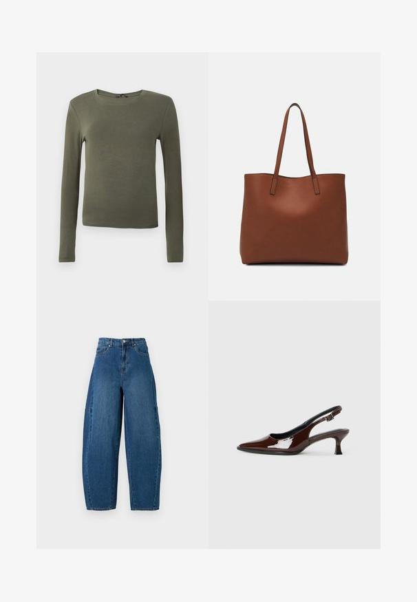 Hosszú ujjú, olíva zöld felső, sima anyagból készült, kerek nyakú és testhez simuló fazonú, minta vagy díszítés nélkül.; Közepes kék mosású farmernadrág, magas derékkal, széles lábszárral és hagyományos öt zsebes kialakítással, látható varrási részletekkel.; Barna lakkbőr slingback cipő hegyes orral és mérsékelt sarkal. Biztonságos illeszkedést biztosító csattal rendelkezik. Sima textúra.; Barna bőr vászontáska sima textúrával, nyitott tetejű dizájnnal és két vállpánttal. Minimális varrással és látható hardver nélkül készült.