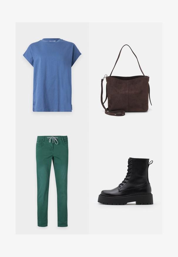 Modré tričko vyrobené z měkké tkaniny, s kulatým výstřihem a krátkými rolled rukávy. Design je jednoduchý, s rovnými liniemi a bočním rozparkem.; Zelené kalhoty z bavlněné směsi se střihém rovného nohavice, stahovací páskem a dvěma předními kapsami. Hladký povrch a bez vzorů.; Černé kožené kotníkové boty s kulatou špičkou, šněrováním na přední straně a silnou gumovou podešví s texturovaným vzorkem. S poutkem vzadu.; Hnědá semišová taška přes rameno s jemnou texturou, vybavená jedním popruhem na rameno a decentním zakřiveným horním otvorem. Žádné viditelné detaily z hardware.