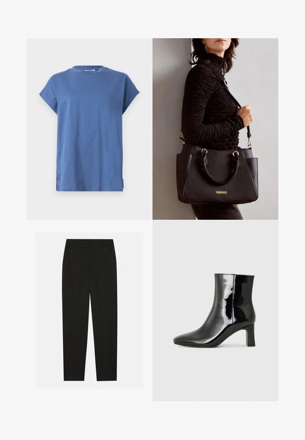 Sinine T-särk, mis on valmistatud pehmest kangast, ümmarguse kaeluse ja lühikeste rullitud varrukatega. Kujundus on lihtne, otse lõike ja külje lõhikutega.; Mustad püksid, millel on kohandatud disain, küljetaskud ja sirge sääreosa. Valmistatud sileda, kerge kangaga, millel on peen viimistlus.; Must-sinine nahkjalats musta läikiva viimistlusega, millel on terav nina ja keskmise kõrgusega plokk konts. Sile tekstuur ja minimalistik disain.; Musthave must kott, millel on tekstuurne pind, kaks ülemist käepidet ja reguleeritav õlarihm. Omab kuldse tooni riistu ja külgtaskuid.