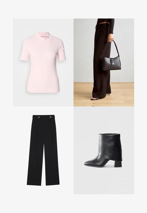 Jasnoróżowa, prążkowana bluzka z krótkim rękawem, z wysokim stójką i subtelnym detalem logo na kołnierzyku. Miękka tekstura i dopasowany krój.; Czarne szerokie spodnie z wysokim stanem, z detalami w postaci guzików na pasku oraz plisami z przodu.; Czarny skórzany botek za kostkę z ostrym noskiem, gładką fakturą i wyraźnie zdefiniowanym blokowym obcasem. Posiada wysoki, zwinięty mankiet.; Czarna torebka o usztywnionym kształcie, gładkiej fakturze i metalowym zapięciem. Połączona z szerokimi czarnymi spodniami i sandałami na otwartym palcu na drewnianej podłodze.