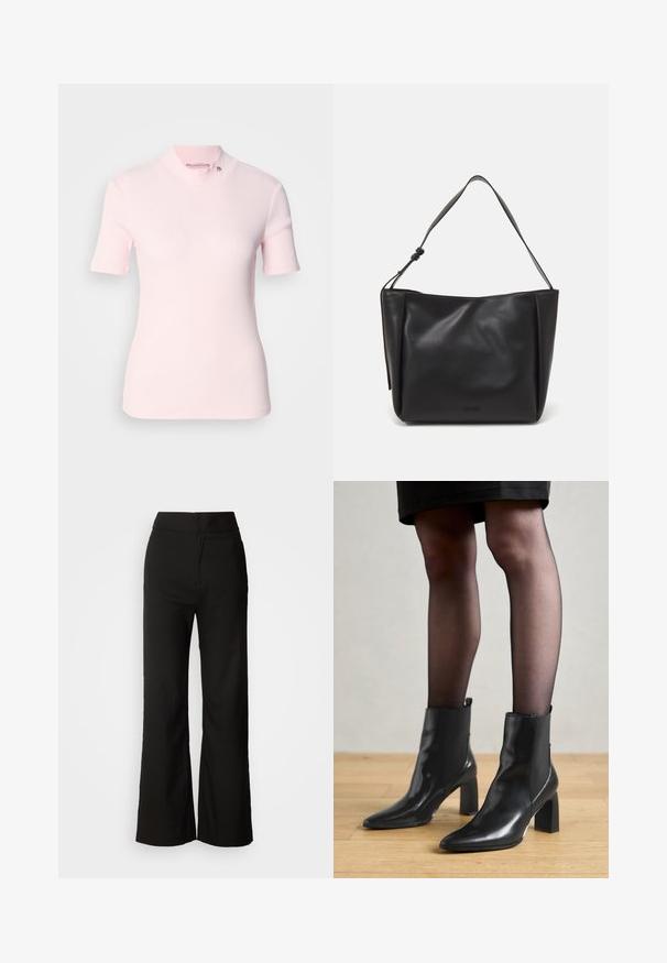 Helles rosa, geripptes Kurzarmoberteil mit hohem Stehkragen und einem dezenten Logo-Detail am Kragen. Weicher Stoff mit einer figurbetonten Passform.; Schwarze weit geschnittene Hosen mit glatter Textur, hoher Taille und klarem Design. Keine sichtbaren Taschen oder Verzierungen.; Schwarze Leder-Ankle-Boots mit spitzer Zehenform, klobigem quadratischem Absatz und schlankem Design. Verfügt über elastische seitliche Einsätze für leichtes An- und Ausziehen.; Calvin Klein GRACIE MEDIUM - Handtasche - black; Silberne Creolen mit minimalistischem Design. Rundform, glatte Oberfläche und dünnes Profil. Leichtgewichtig mit hochglänzender Oberfläche.