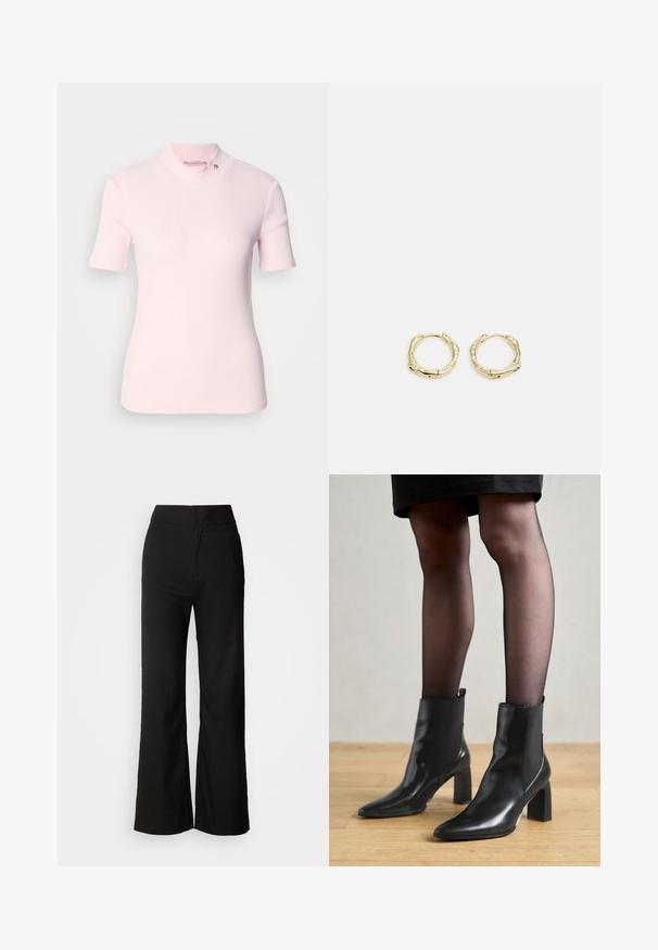 Top corto a maniche corte di un delicato rosa pallido con un collo alto a mock neck e un sottile logo sul colletto. Tessuto morbido con un design aderente.; Pantaloni neri a gamba larga con texture liscia, vita alta e design semplice. Nessuna tasca visibile o decorazioni.; Stivaletti neri in pelle con punta affusolata, tacco quadrato imponente e design elegante. Dotati di pannelli laterali elasticizzati per una facile vestibilità.; Orecchini a cerchio in oro con una forma irregolare e texture. Presentano una chiusura senza giunture e una finitura superficiale lucida, che enfatizza un design moderno.