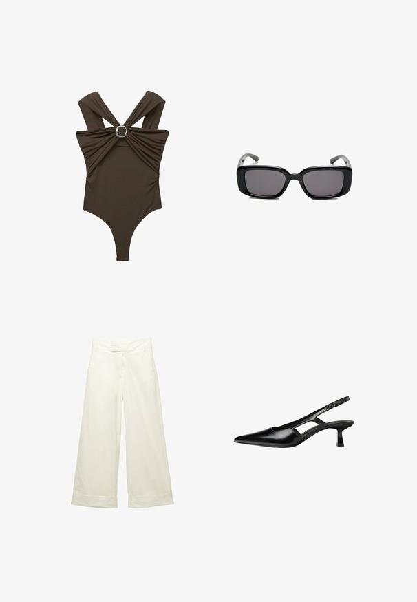 Smeđi jednodijelni kupaći kostim s širokim trakama, naboranom tkaninom sprijeda i srebrnim okruglim detaljem u sredini. Glatka tekstura.; Široke hlače od meke, kremaste tkanine. Imaju ravni pojas s prednje strane i roll-up rubove. Glatka tekstura s čistim, minimalističkim dizajnom.; Crne lakirane natikače na remenčić sa špicastim nosom, dizajnom sa izrezima sa strane i malim kvadratnim potplatom. Glatka tekstura s minimalnim akcentima.; Crne pravokutne sunčane naočale s tamnim lećama, glatkim plastičnim okvirom i zakrivljenim državama. Dizajn je masivan s minimalističkom estetikom.