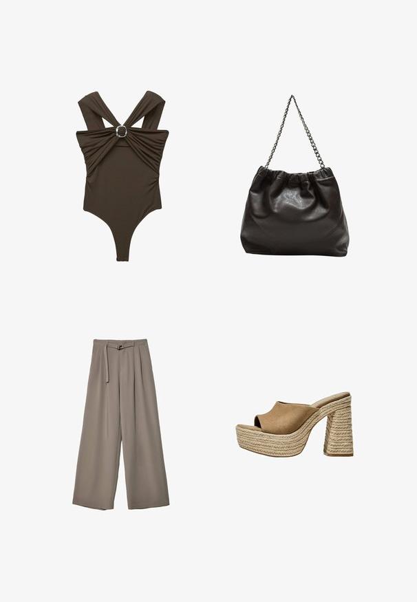 Hnedý jednodielny plavky s širokými ramienkami, zhrnutou látkou vpredu a strieborným kruhovým akcentom v strede. Hladká textúra.; Široké nohavice v jemnej, tlmenej šedej tkanine, s opaskom v pase a vreckami pre dodatočný dizajnový detail. Hladký povrch, bez vzorov.; Hnedé semišové platformové mule s otvorenou špičkou, s masívnym pleteným juty podpätkom a hladkým, zaobleným dizajnom hornej časti.; Hnedá kožená taška so zberaným vrchom a reťazovým popruhom. Hladký povrch s lesklým finišom a jemným švom po stranách.