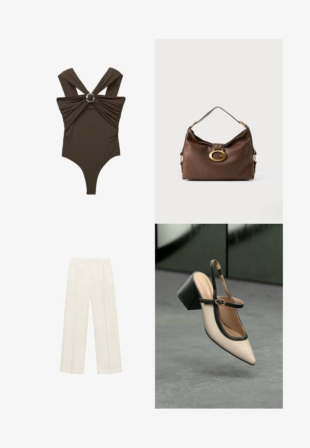 Rjav enodelni kopalni kostim s širokimi naramnicami, gubano blago spredaj in srebrnim okroglim poudarkom na sredini. Gladka tekstura.; Hlače širokih nogavic v svetli kremni barvi. Narejene iz gladkega materiala s plitkimi naborki spredaj in stranskimi žepi.; Bežna slingback čevlja z uskim sprednjim delom, črnimi detajli, zlatim zaponko in debelim blokovskim peto na sivi tleh s temno zeleno ozadje.; Rjavo usnjeno ročna torbica z teksturirano površino, ki ima zlato toniran zaklep in en sam, ukrivljen naramnico.