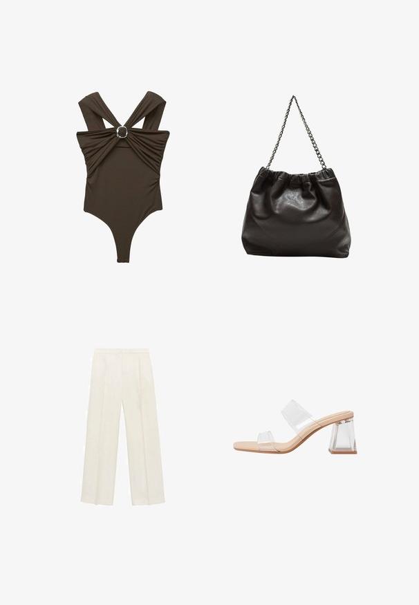 Costume da bagno intero marrone con spalline larghe, tessuto arricciato sul fronte e un accento circolare argentato al centro. Texture liscia.; Pantaloni a gamba larga di un leggero colore crema. Realizzati in un tessuto morbido con pieghe sul davanti e tasche laterali.; Sandali con tacco trasparente caratterizzati da due cinturini trasparenti, una base beige e un tacco a blocco trasparente geometrico. Design minimalista con texture liscia.; Borsa in pelle marrone con parte superiore arricciata e tracolla a catena. Texture liscia con finitura lucida e dettagli di cucitura sottili sui lati.