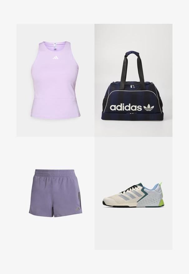 Lilac sporttop van gladde stof met een aansluitend ontwerp, voorzien van een ronde hals en een wit Adidas-logo op de borst.; Paarse sportshorts met een elastische tailleband, twee zijzakken en contrasterende zwarte accenten aan één zijde. Glad, lichtgewicht stof.; Lichte atletiekschoenen met een crèmekleurige mesh bovenwerk, grijze strepen, een groene accent en een gestructureerde blauwe hielkap. Zwarte veters.; Marine duffeltas met het witte Adidas-logo, voorzien van een ritssluiting aan de bovenkant, twee stevige zwarte handvatten en zijvakken van mesh. Gladde stoftextuur.