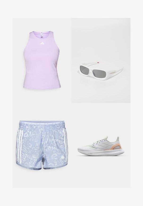 Fialová športová tielko vyrobené z hladkej tkaniny s priliehavým strihom, s okrúhlym výstrihom a bielym logom Adidas na hrudi.; Svetlomodré bežecké šortky s jemným leopardím vzorom, elastickým pásom a tromi bielymi pruhmi na každej strane.; Biele športové topánky s jemne zelenými akcentmi, vrchný diel z priedušnej sieťoviny, gumová podrážka a textúrované detaily. Na boku sú umiestnené značky "LIGHT BOOST".; Biele obdĺžnikové slnečné okuliare Oakley s tmavými sklami odpočívajúce na bielej ploche, logo viditeľné na strane.