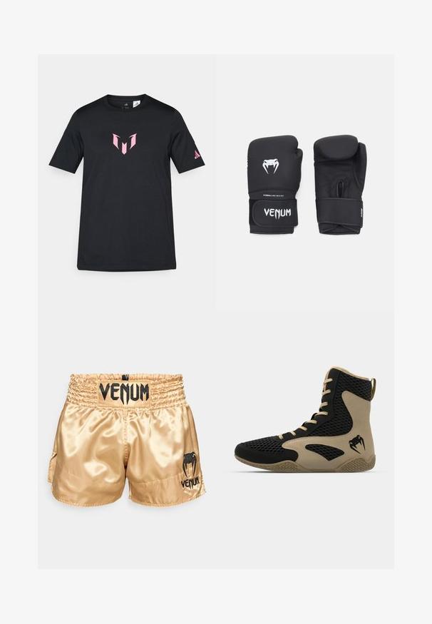 Musta lyhythihainen t-paita, joka on valmistettu puuvillasta. T-paidassa on pinkki geometrinen logo rinnassa ja Adidas-logo hihassa.; Kultaiset satiiniboksihousut, joissa on musta "VENUM"-logo vyötäröllä ja sivuilla, niissä on sileä pinta ja elastinen vyötärö, joka tarjoaa mukavuutta.; Korkean varren urheilukengät, joissa on musta verkkopinta beigeillä yksityiskohdilla. Hieman teksturoitu kumipohja ja logokuvaus sivussa.; Musta nyrkkeilyhanskat, joissa on sileä pinta, valkoisella myrkkylogolla ja säädettävällä tarranauhakiinnityksellä turvallista istuvuutta varten.