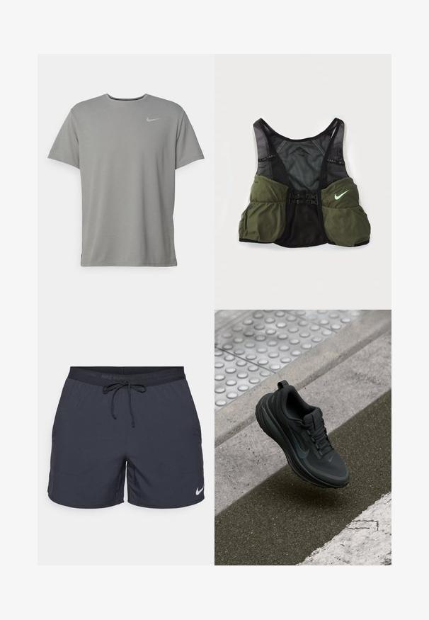 Gray Nike t-shirt with short sleeves, round neckline, and a small silver logo on the left chest. Made of soft, lightweight fabric.; Nike running shorts, dark gray, elastic waist with drawstring, side pockets, lightweight fabric, featuring a white Nike logo on the lower hem.; Black athletic shoe with smooth fabric upper, textured sole, and reflective accents. Features a rounded toe and lace-up design.; Nike trail running vest in black and olive green. Features mesh material, adjustable straps, and multiple storage pockets on the front.