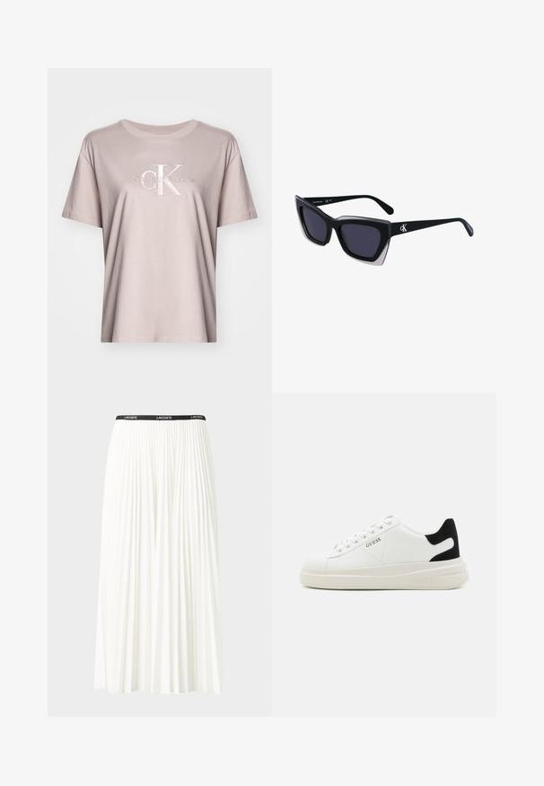 Camiseta de algodão bege claro com gola redonda, mangas curtas e um logótipo bordado "Calvin Klein Jeans" em cores contrastantes na frente.; Saia plissada branca com uma cintura elástica preta que apresenta o logótipo "LACOSTE". Design de comprimento médio com textura suave.; Sapatilhas brancas de couro com uma sola branca espessa, detalhe em camurça preta no calcanhar e logótipo em relevo na lateral. Design com atacadores e seis ilhós.; Óculos de sol oversized pretos com forma geométrica, apresentando lentes escuras e um detalhe cinza em contraste na armação. Logotipo na haste.