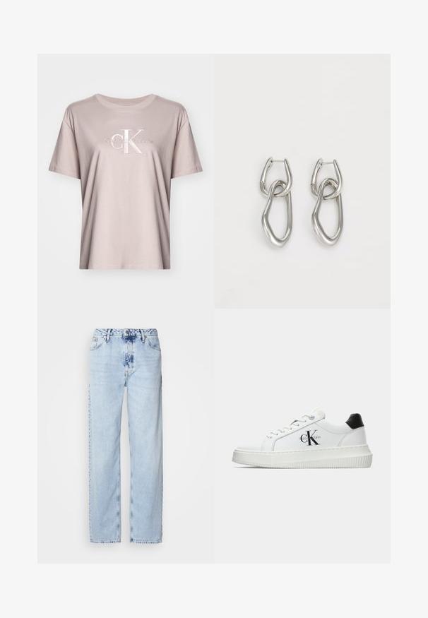 Ανοιχτό μπεζ βαμβακερό μπλουζάκι με στρογγυλή λαιμόκοψη, κοντά μανίκια και κεντημένο λογότυπο "Calvin Klein Jeans" σε αντίθετα χρώματα στο μπροστινό μέρος.; Ανοιχτό μπλε παντελόνια με φαρδύ καβάλι από τζην, με υψηλή μέση, ξεθωριασμένο πλύσιμο και διακριτό σχέδιο tie-dye μπροστά.; Λευκό αθλητικό παπούτσι χαμηλού προφίλ με μαύρη ταμπέλα στη φτέρνα, πλατφόρμα, κορδόνια και λογότυπο "CK" της Calvin Klein στο πλάι.; Calvin Klein STATEMENT LINKS - Σκουλαρίκια - silver-coloured