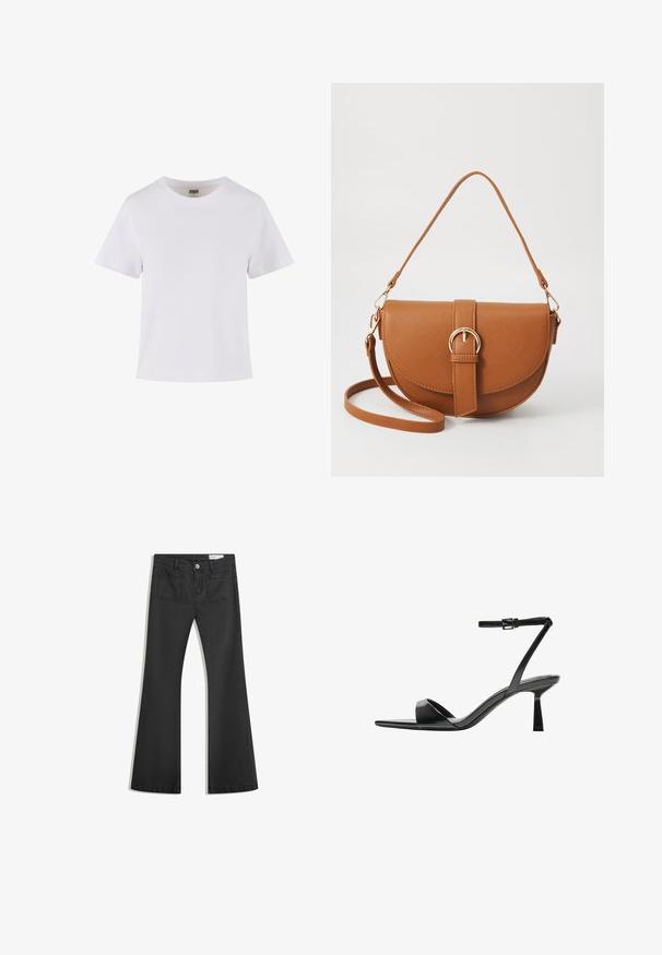 Witte katoenen t-shirt met korte mouwen, een ronde halslijn en een rechte snit. Gladde textuur, eenvoudig ontwerp, geen zichtbare patronen of accenten.; Zwarte flared jeans van denim met een gladde textuur, voorzien van twee achterzakken en een knoopsluiting bij de taille.; Bershka Sandalen met hoge hak - black; Bruine leren schoudertas met een gebogen vorm, gouden hardware en een gespaccent. Bevat een afneembare schouderriem.