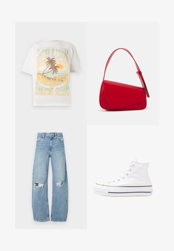 Vit bomullst-shirt med en färgglad grafisk tryck med palmer, sol och text: "SOLKYSST I PARADIS," "BILLABONG," och "SOMMARSESSIONER."; Ljusblå, högmidjade jeans i denim. Har vida ben, två slitna knäområden och klassisk femfickedesign.; Vit hög topp canvas sneaker med svart gummisulan, framsidan gummitåhätta och sex öglor för snören, med en ren, minimalistisk design.; Röd läderhandväska med en vinkelrät, geometrisk design. Har ett justerbart axelband och en klaffstängning med sydda detaljer.